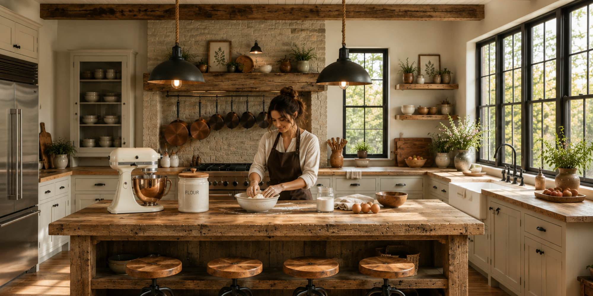 Warm cottage food kitchen with open shelving and organized workspace