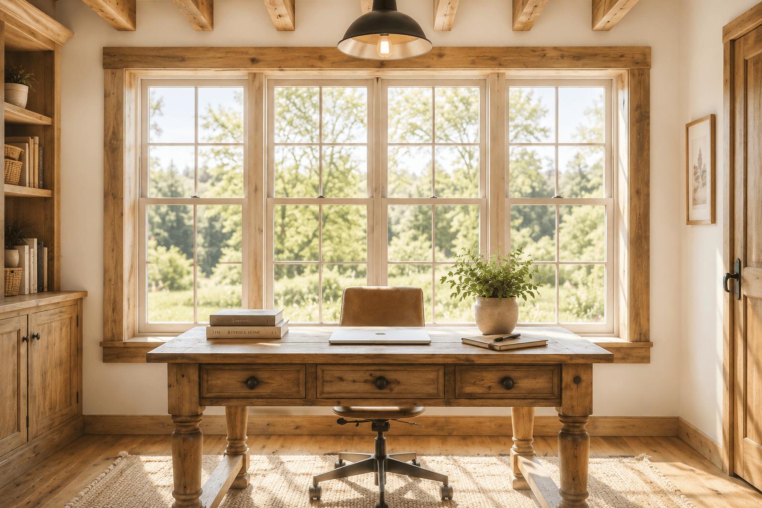 Calm wellness interior with plants, soft light, and quiet workspace