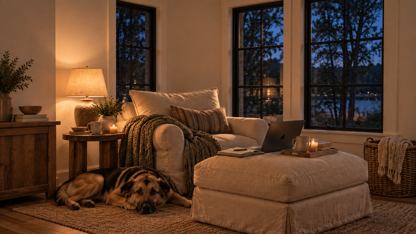A quiet living room at night, lamp lit, a laptop and notebook on the ottoman, a dog asleep on the rug