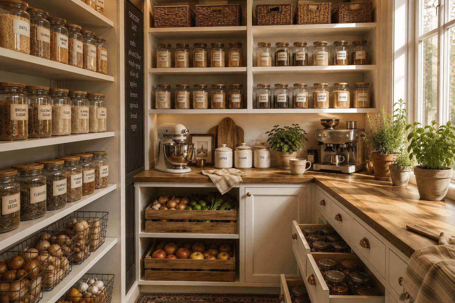 Organized cottage food kitchen with open shelving and warm overhead light