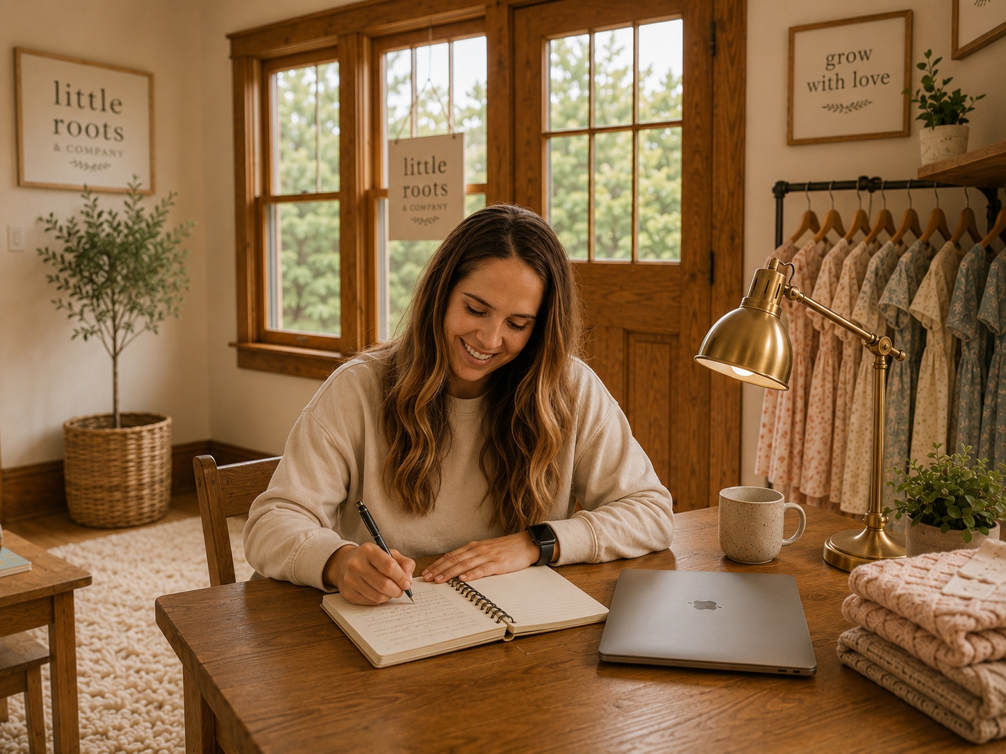 Hands curled around a warm ceramic mug beside an open recipe notebook in soft morning light