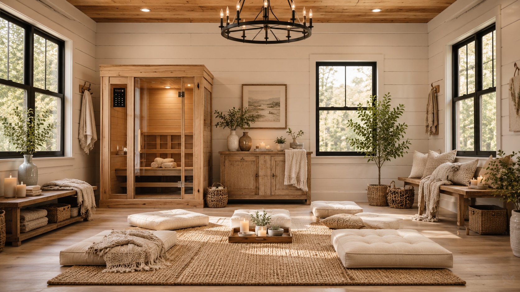 Calm wellness studio with plants, soft light, and quiet organized workspace
