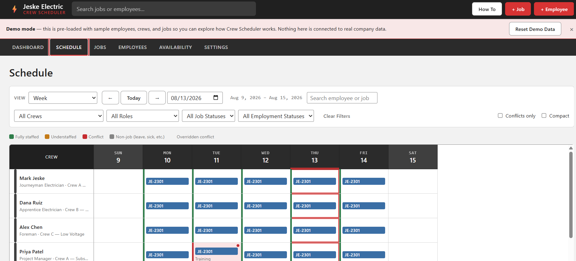 Jeske Electric Crew Scheduler — weekly schedule with conflict detection