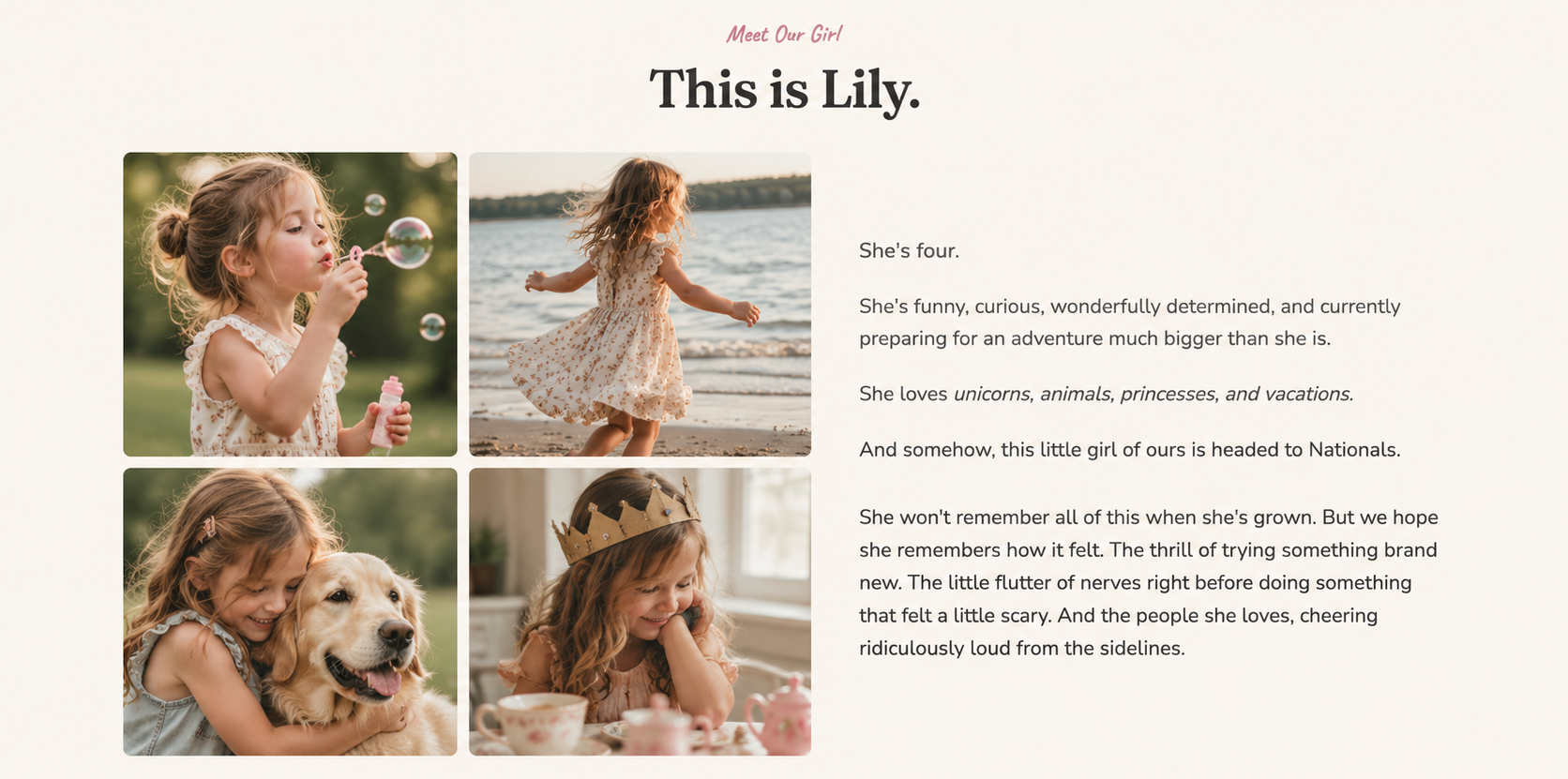 Lily's Road to Nationals — Meet Our Girl storytelling section, close up