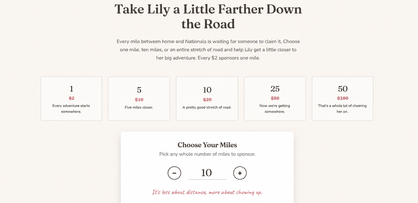 Lily's Road to Nationals — Sponsor a Mile experience, close up