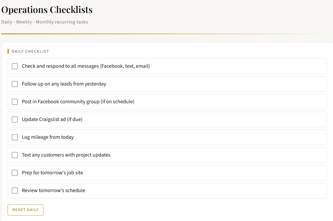 True Line — daily operations checklist, close up