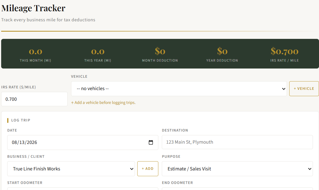 True Line — mileage tracker totals and trip log, close up
